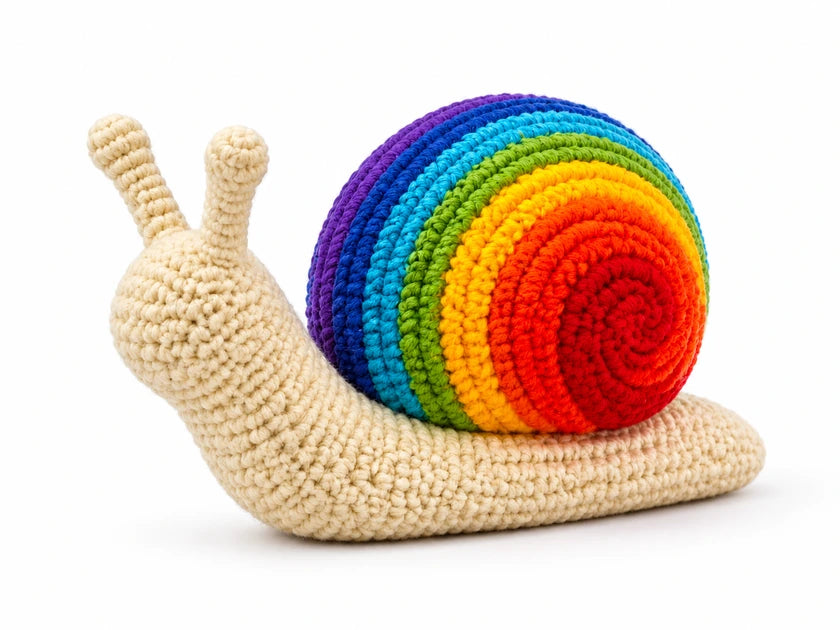 Escargot écru au crochet à coquille arc-en-ciel sur fond blanc