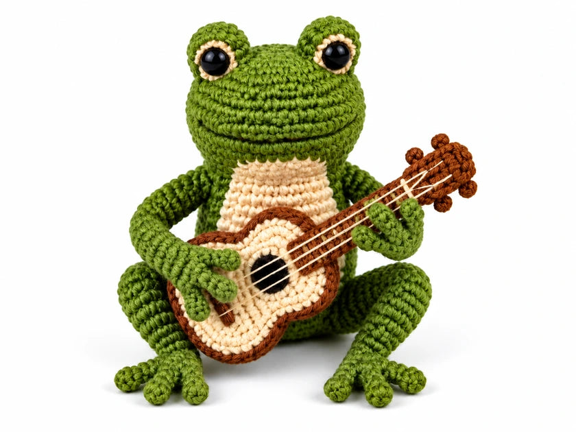 Grenouille verte au crochet tenant une guitare sur fond blanc