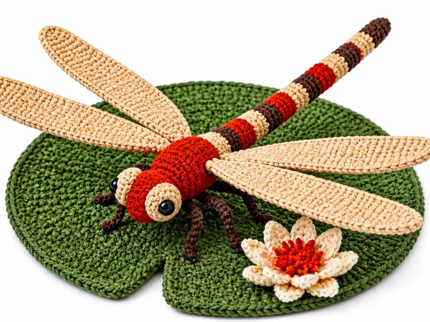 Libellule au crochet aux ailes crème sur une feuille de nénuphar verte avec une fleur