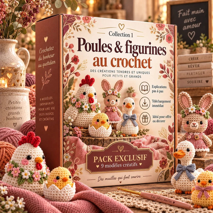 Mockup original de la collection Poules et figurines au crochet