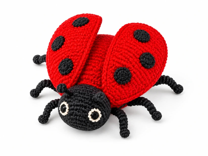 Coccinelle rouge au crochet aux ailes ouvertes et aux pois noirs sur fond blanc