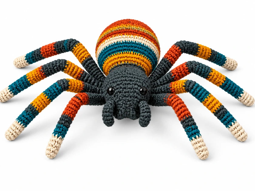 Araignée au crochet aux pattes rayées multicolores sur fond blanc