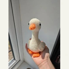 Petite oie écrue au crochet avec un bec et des pattes orange, posée sur une main