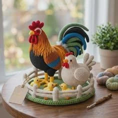 Coq, poule et poussins réunis dans un panier décoratif