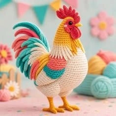 Coq multicolore au crochet aux tons pastel