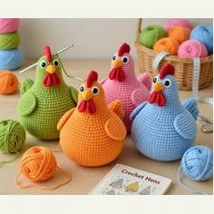 Quatre poules rondes au crochet en vert, orange, rose et bleu